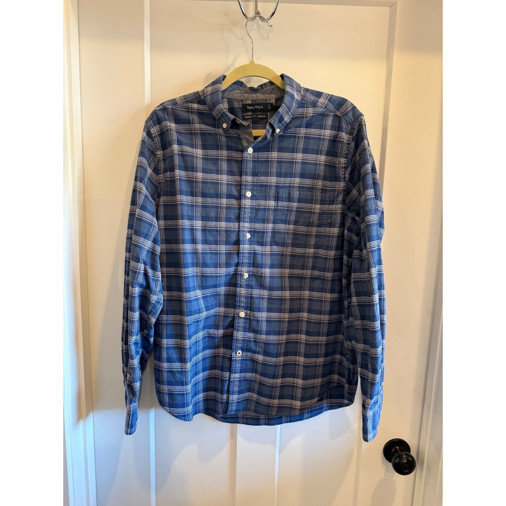 Nautica Mens‎ Blue Plaid Classic Fit Stretch Long Sleeve Button Down Shirt L
